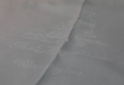 White linen table cloth with decoration 'The Mayflower.'