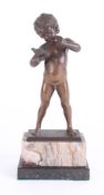 Richard Lange, a bronze figure of a child with a bird on marble base, signed, height 27cm.