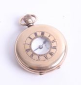 A 9ct gold half hunter, keyless, pocket watch with keyless movement, presentation inscription on