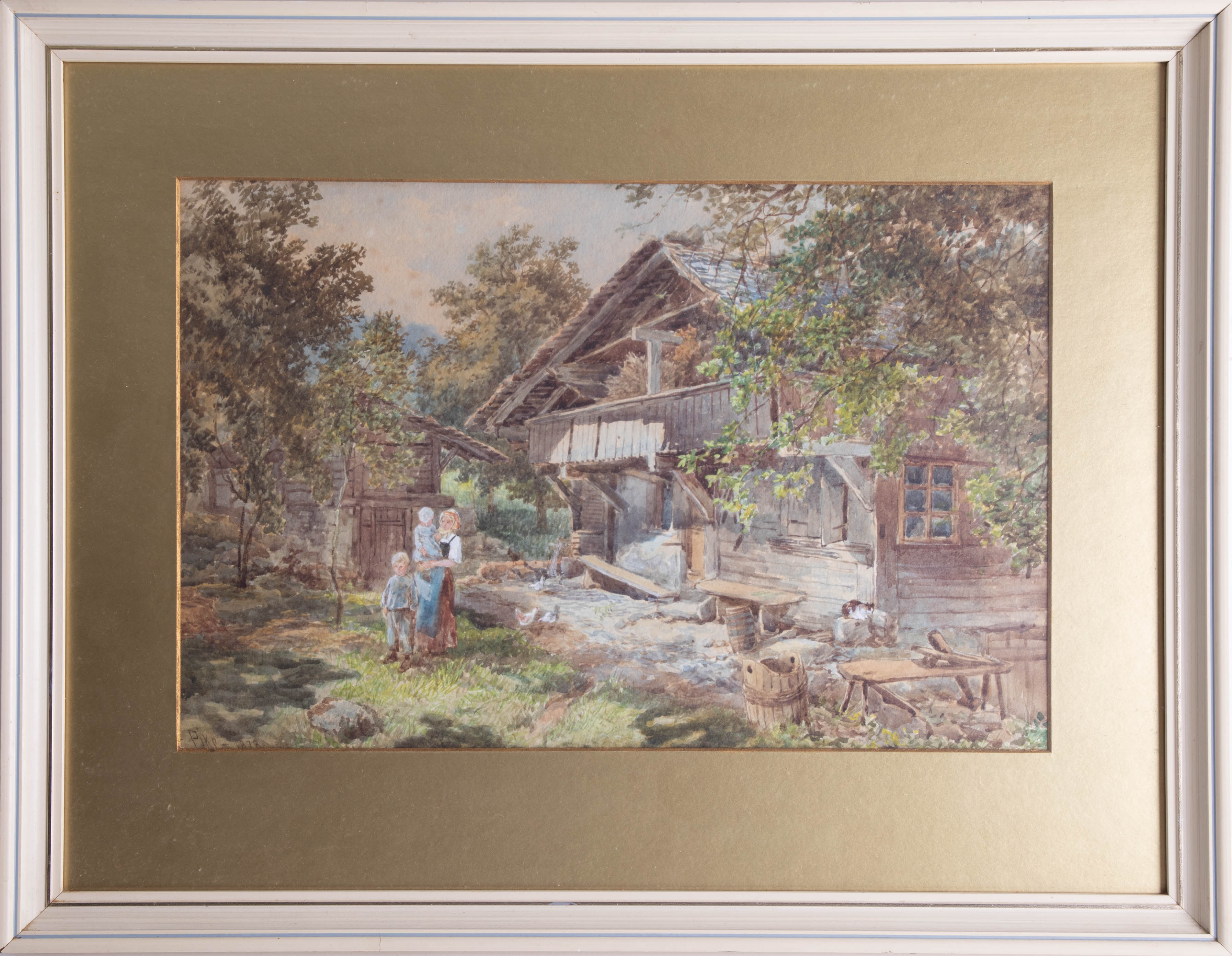 William Henry Pike (1846-1908), watercolour 'Figures outside cottage with waterwheel', signed and