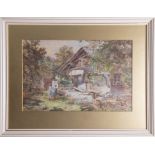 William Henry Pike (1846-1908), watercolour 'Figures outside cottage with waterwheel', signed and