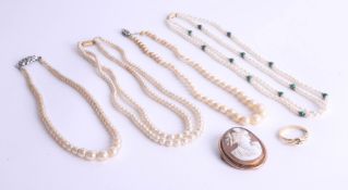 A Jersey pearl necklace, together with a 9ct cameo brooch, a faux pearl necklace with 9ct Ciro clasp