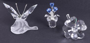 Swarovski Crystal Glass, Forget Me Nots, Four leaf clover and Butterfly on leaf (3), boxed.