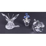 Swarovski Crystal Glass, Forget Me Nots, Four leaf clover and Butterfly on leaf (3), boxed.