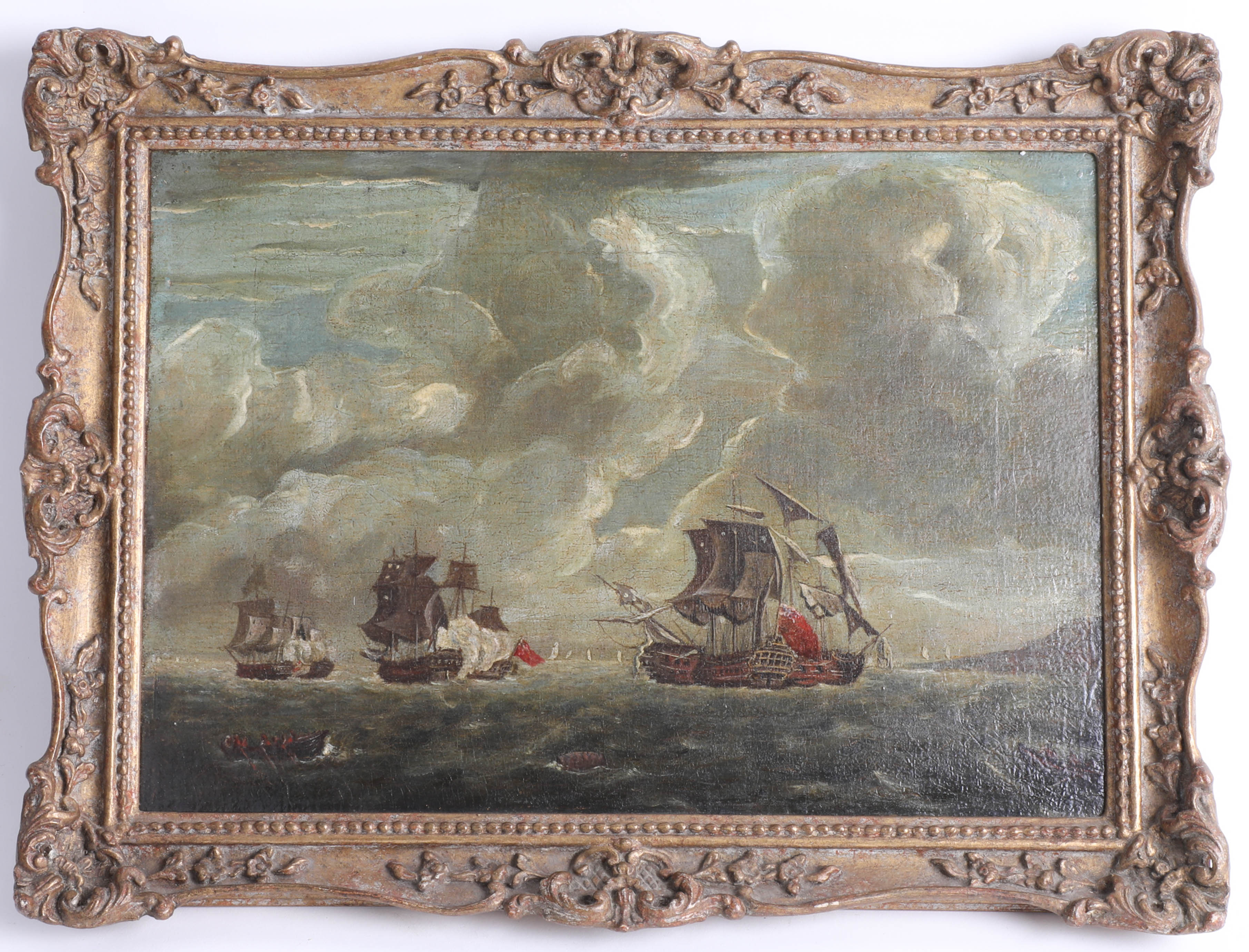 A pair of naval battle paintings, oil on canvas, not signed, 20th Century, ornate gilt frames, - Image 3 of 4
