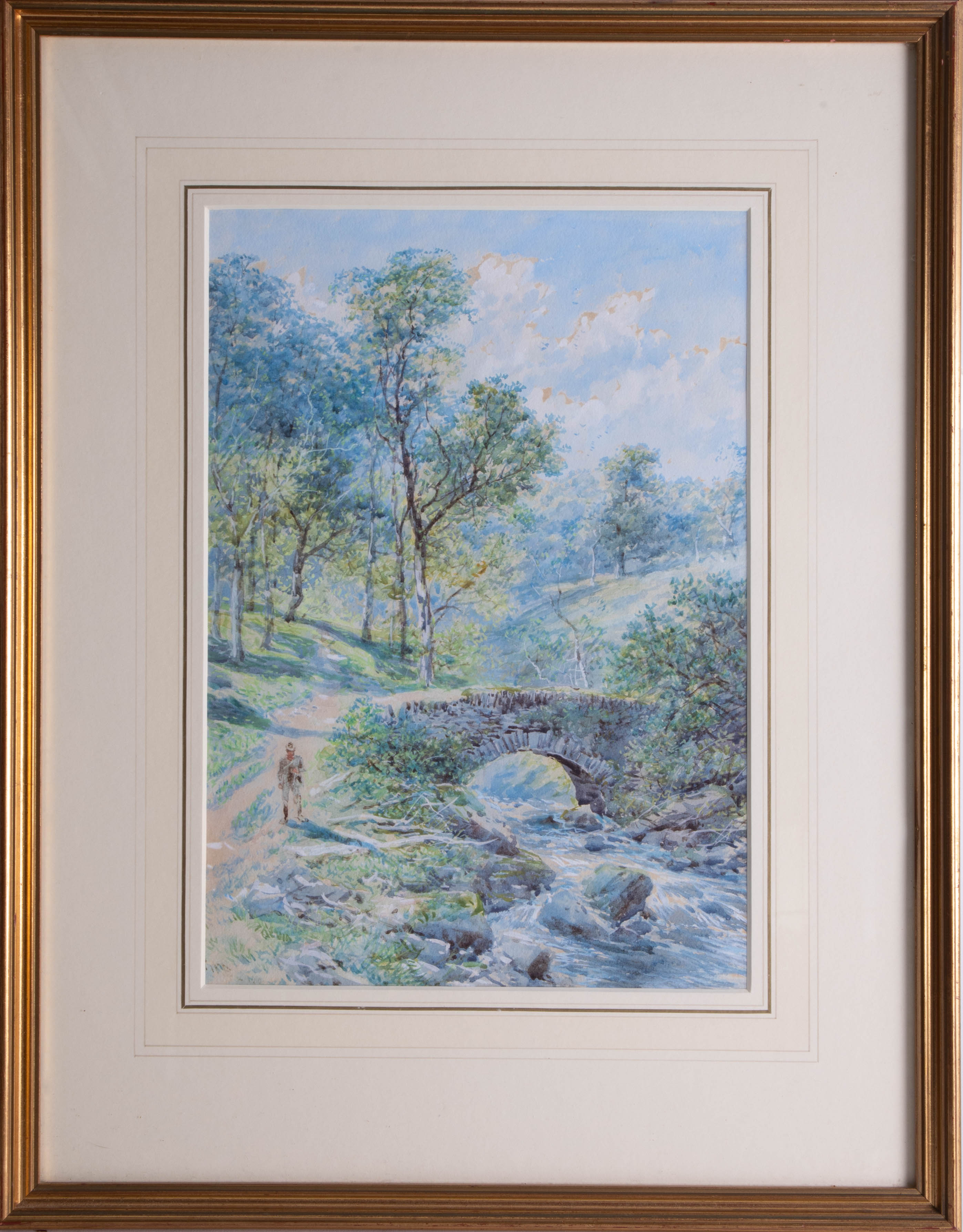 William Henry Pike (1846-1908), watercolour 'Fisherman reside stone bridge', signed, 34cm x 24cm.