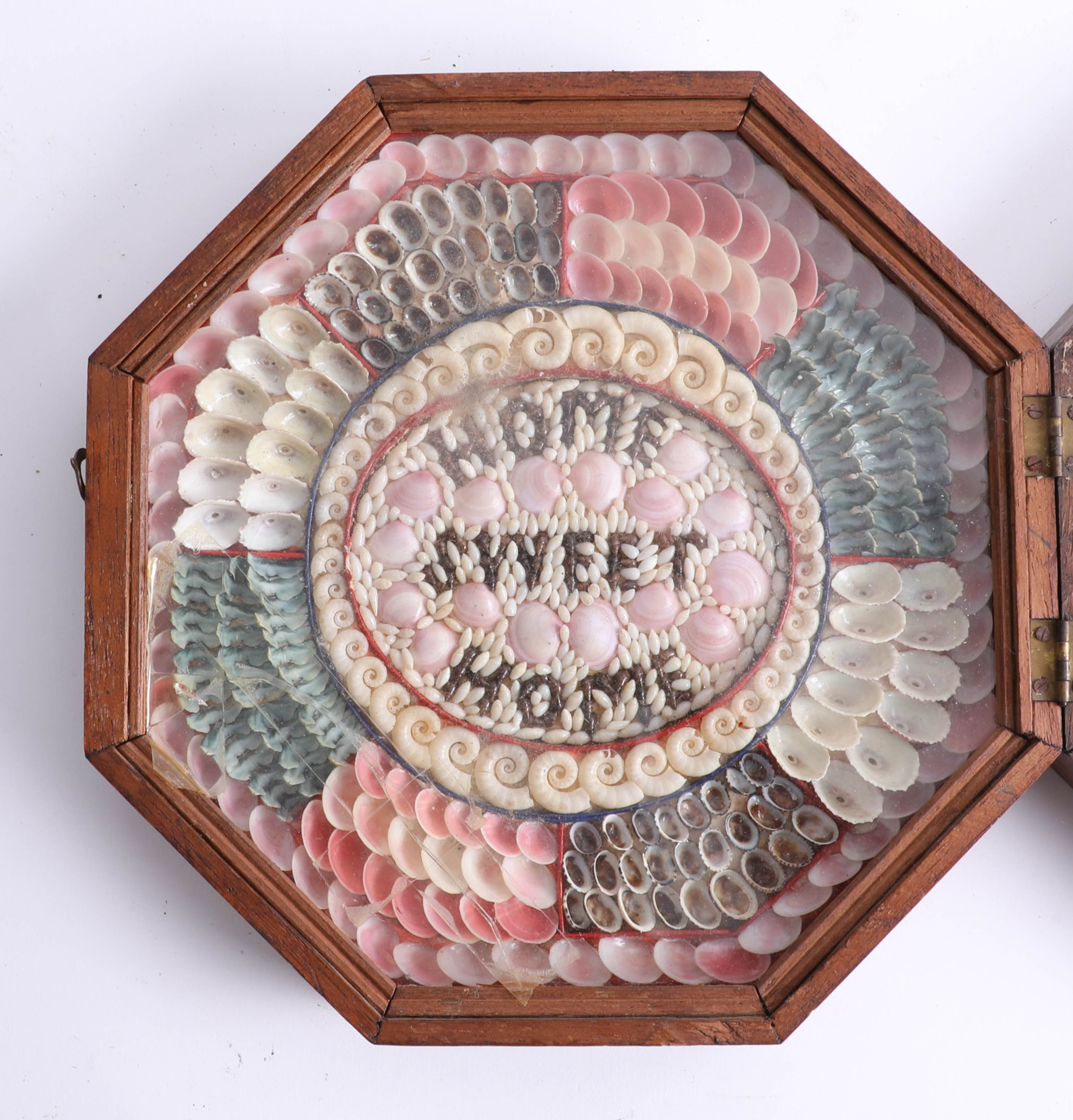 A 19th century Sailors Shell Valentine in folding octagonal box, 'Home Sweet Home', diameter 23cm. - Image 6 of 7