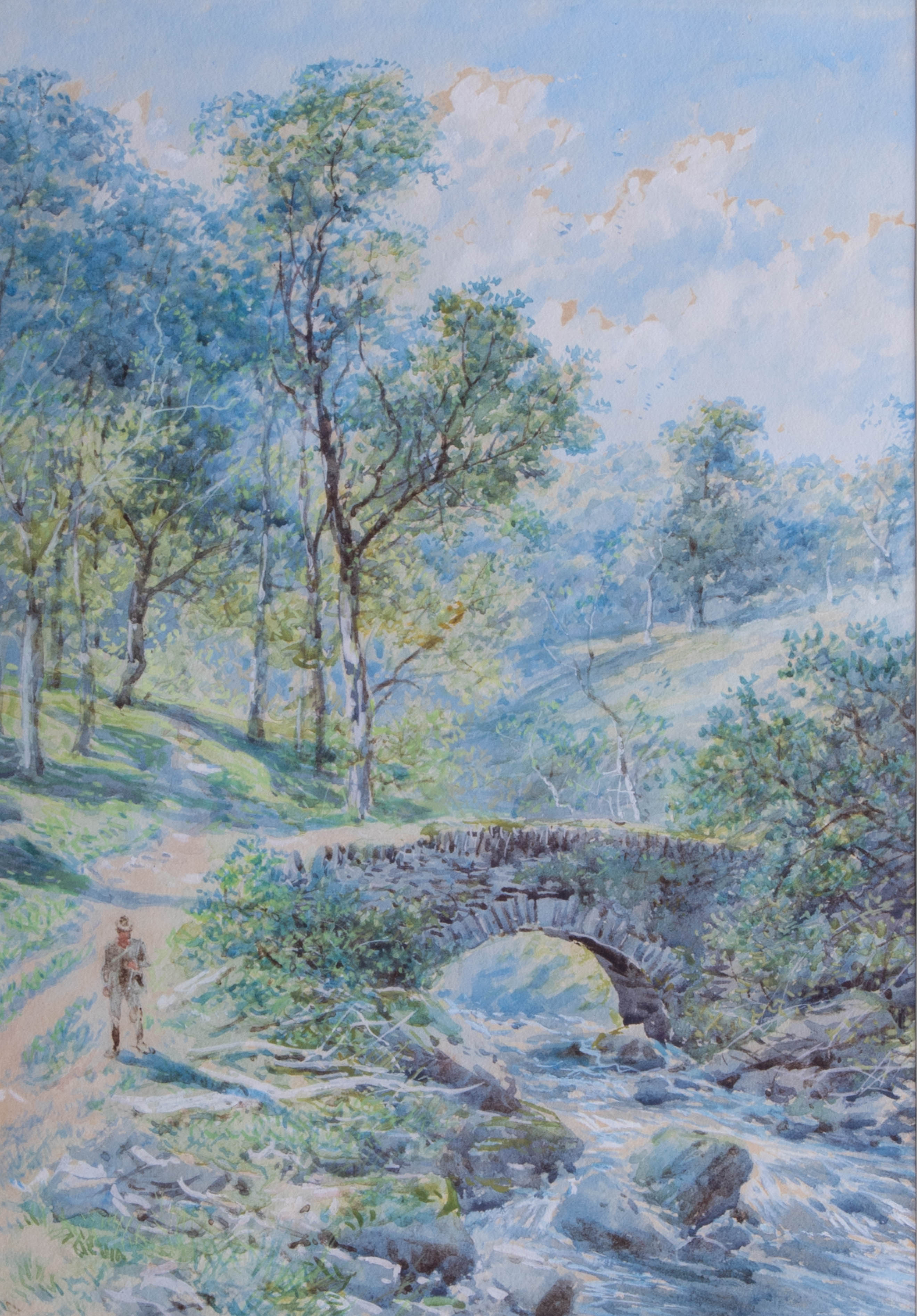 William Henry Pike (1846-1908), watercolour 'Fisherman reside stone bridge', signed, 34cm x 24cm. - Image 2 of 2