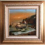 Mario Galanti (1923-1998, Italian) signed oil on board, 'Fishing boats' framed, 30cm x 30cm.