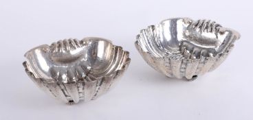 A pair of continental silver large scallop shell bonbon dishes indistinct marks approx 12.39oz.