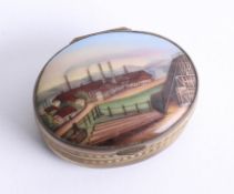 A 19th century oval pill / snuff box, set with a porcelain panel decorated with an Industrial,