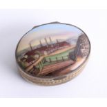 A 19th century oval pill / snuff box, set with a porcelain panel decorated with an Industrial,