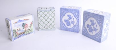 Four reproduction Chinese porcelain 'pillows', tallest 15cm.