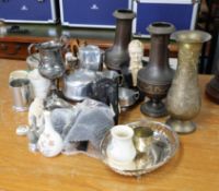 A mixed collection to include metal wares, set of four black wooden elephants, Picquot ware etc.