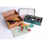 A set of 'B & A' carpet bowls, boxed and vintage wooden brick toys.