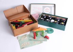 A set of 'B & A' carpet bowls, boxed and vintage wooden brick toys.