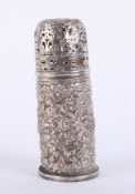 An antique silver sugar caster with pierced fancy