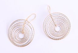 A pair of 18ct mixed coloured gold earrings of descending hoop style, approximately 7.9g (