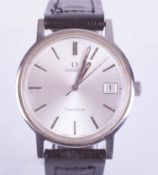Omega, gents stainless steel Omega calendar watch with leather strap, the silver dial with baton