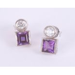 A pair of 18ct diamond and amethyst set earrings, the amethyst square cut.