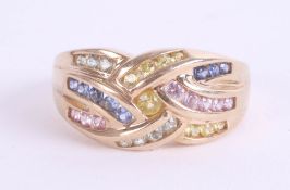 A 9ct mixed colour sapphire dress ring, size P.