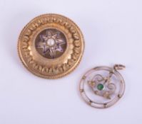 A Victorian yellow metal memorium brooch, together with a 9ct gold peridot and seed pearl pendant (