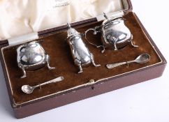 Cased 3-piece set silver condiments with 2 mustard spoons, Birmingham, Maker: Elkington & Co.