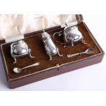 Cased 3-piece set silver condiments with 2 mustard spoons, Birmingham, Maker: Elkington & Co.