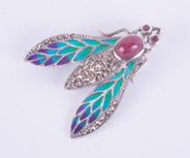 Silver plique-à-jour fly brooch/pendant set with cabochon ruby, ruby eyes and marcasites