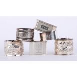 Harlequin set 6 silver hallmarked fancy napkin rings with embossed and engine turned decoration,