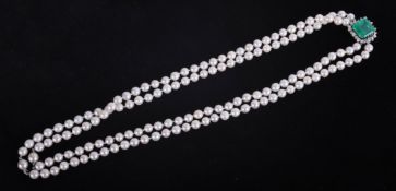 A fine pearl, diamond and emerald necklace.
