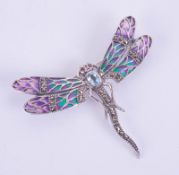 Silver plique-à-jour dragonfly brooch/pendant set with blue topaz and marcasites