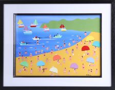Gordon Barker, acrylic on paper 'Seaside Holidays', 29cm x 38cm, framed. Gordon Barker is a