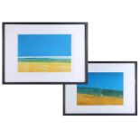 Pair of prints, titled 'Land' and 'Sand and Sea', signed SB, framed, overall size 53cm x 70cm.
