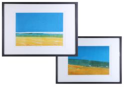 Pair of prints, titled 'Land' and 'Sand and Sea', signed SB, framed, overall size 53cm x 70cm.