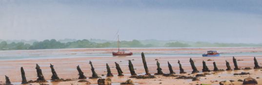 J.C.Skinner, signed watercolour 'Boats on Estuary', 16cm x 44cm, framed and glazed.