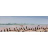 J.C.Skinner, signed watercolour 'Boats on Estuary', 16cm x 44cm, framed and glazed.