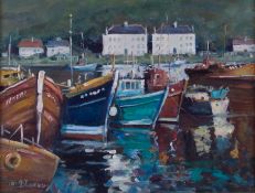 Chinese School, pupil of Xai Baili, oil on board, signed H.H.Wang?, 'Cornish Harbour Boats