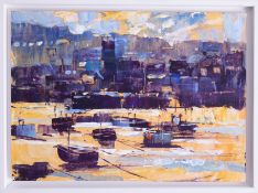 Gordon Hunt, oil on board, 'Harbour Boats', 15cm x 20cm with handwritten letter from the artist,