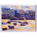 Gordon Hunt, oil on board, 'Harbour Boats', 15cm x 20cm with handwritten letter from the artist,