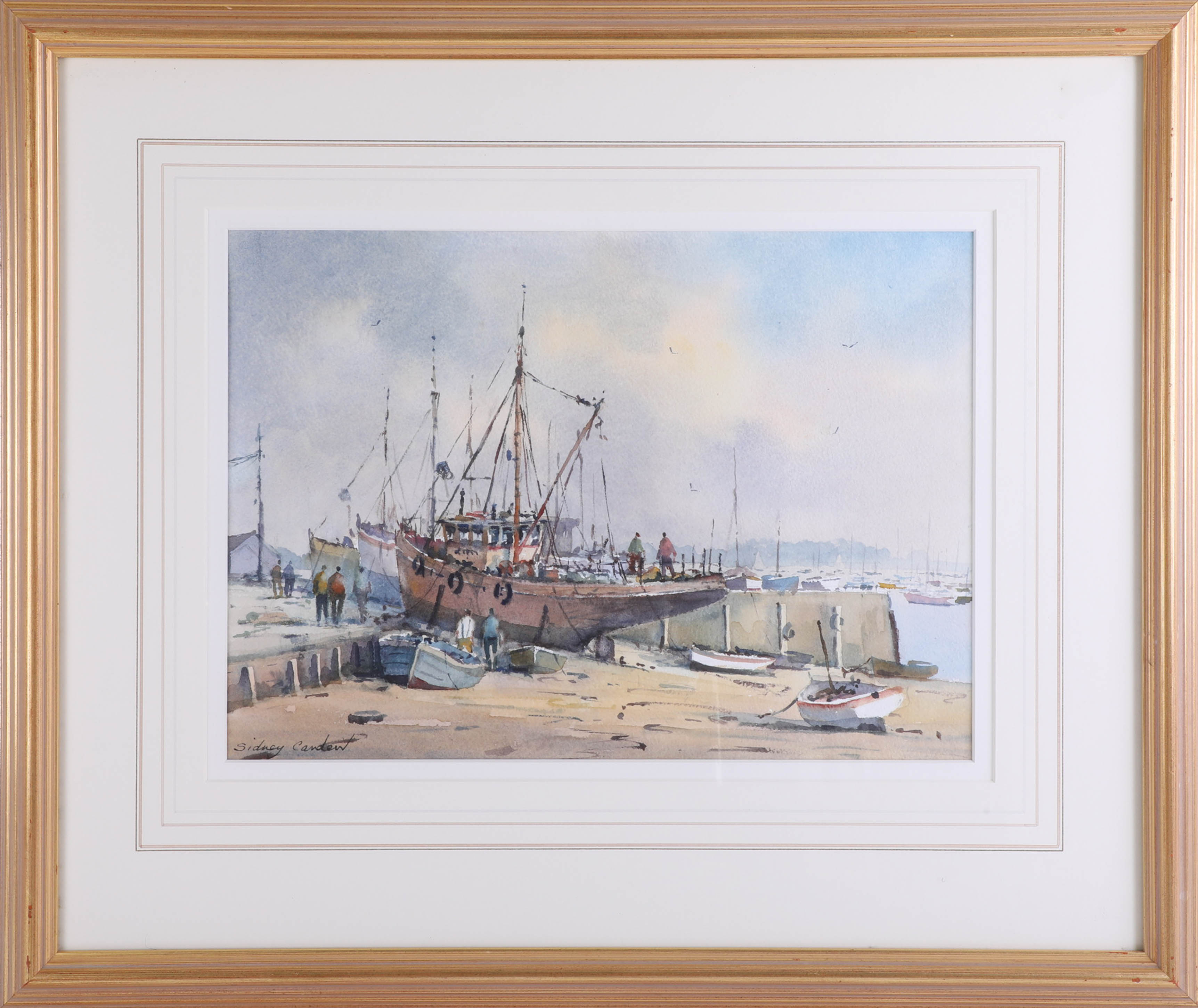 Sidney Cardew (R S M A) 1931-2017, signed watercolour 'Boats tied up on the Thames Estuary',