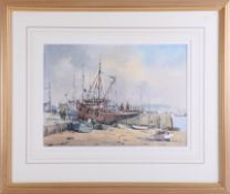 Sidney Cardew (R S M A) 1931-2017, signed watercolour 'Boats tied up on the Thames Estuary',