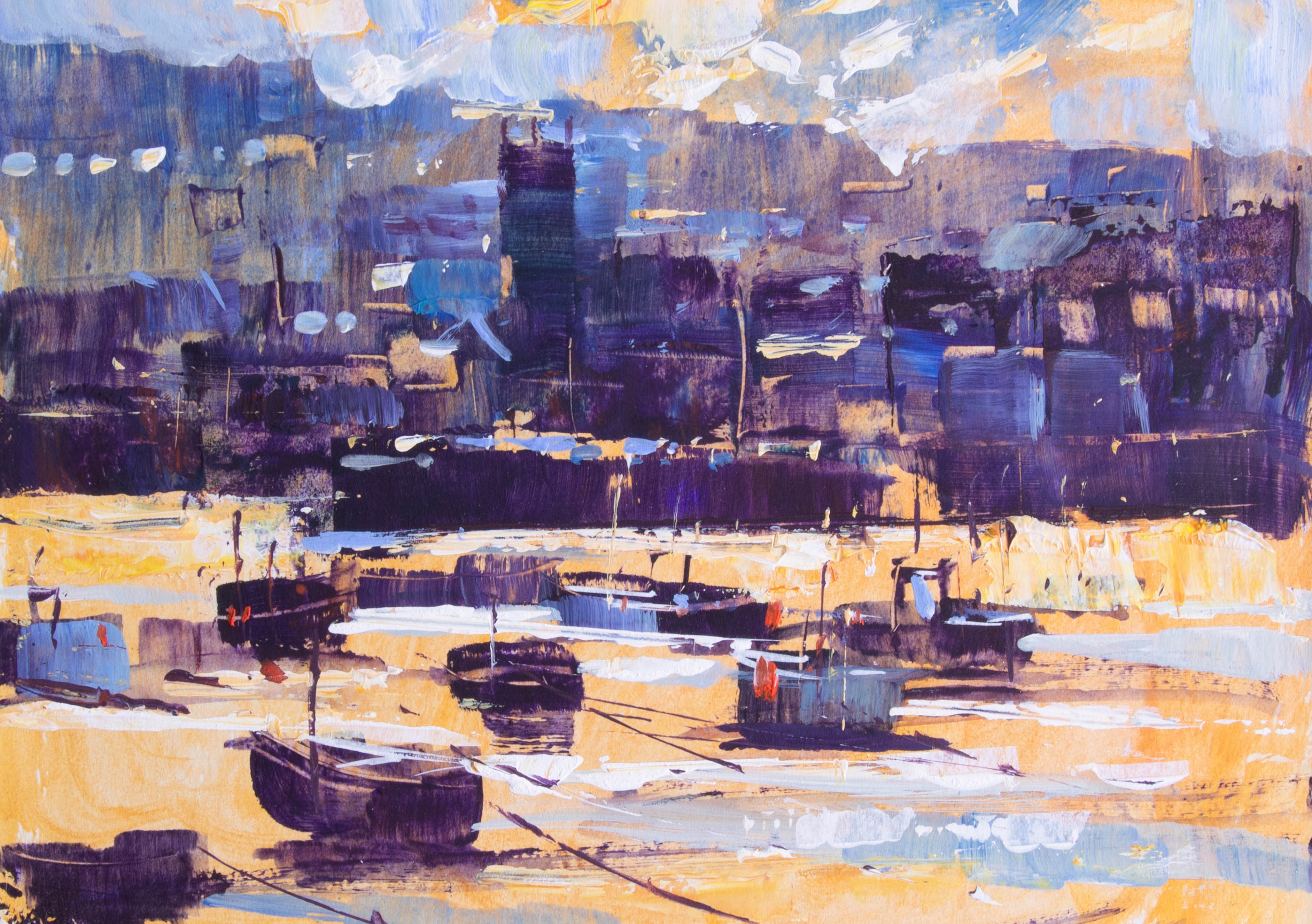 Gordon Hunt, oil on board, 'Harbour Boats', 15cm x 20cm with handwritten letter from the artist, - Image 2 of 2