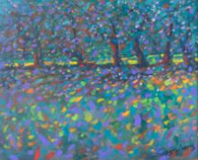 Paul Stephens, oil on board 'Apple Blossom Orchard', from the series 'Dappled Light',