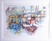 Linda Winter, watercolour 'Boats tied up on Plymouth Barbican 2007', framed and glazed, 70cm x