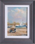 Michael Ewart, oil on board, 'Small Boats', overall size 30cm x 24cm, framed and glazed.