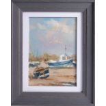 Michael Ewart, oil on board, 'Small Boats', overall size 30cm x 24cm, framed and glazed.