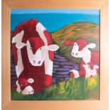 Lee Woods, oil on board 'The Red Cows' framed, overall size 78cm x 76cm.