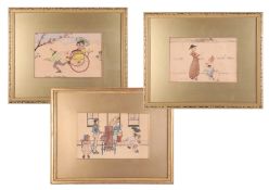 A group of three Spanish watercolours including 'Japan-Rickshaw Ride', 'Spain-A Wayside Lesson'