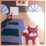 Lee Woods, oil on board, 'Cats in the Studio', signed, framed, overall size 80cm x 80cm.